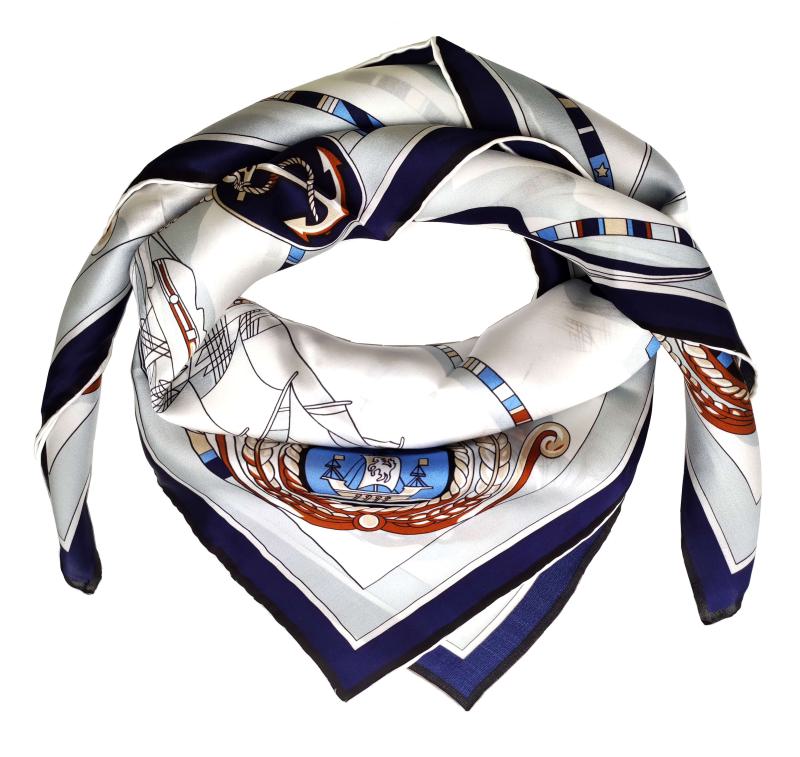 Foulard Shawl Silk Satin 90X90 Maritime Blue White